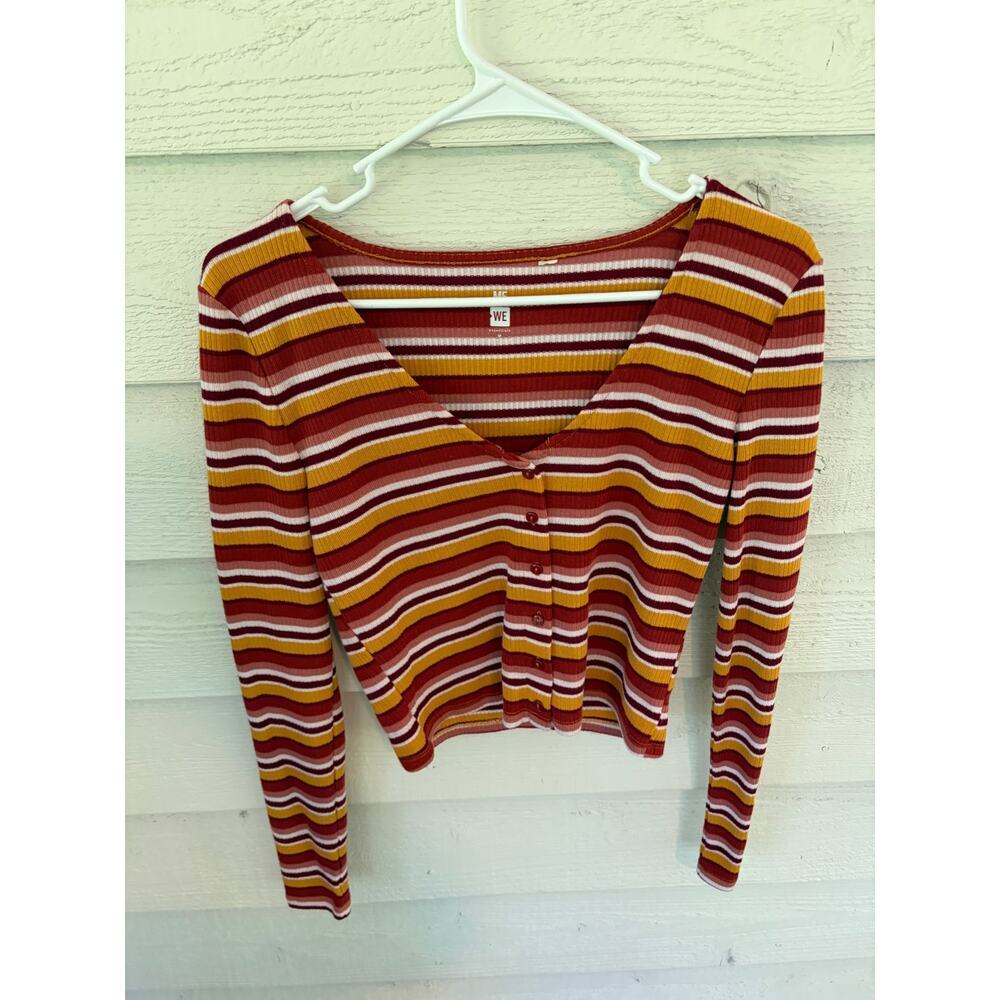 Me To We Essentials Ribbed Striped Long Sleeve Henley Top Size M Y2K Retro Boho - Picture 2 of 6